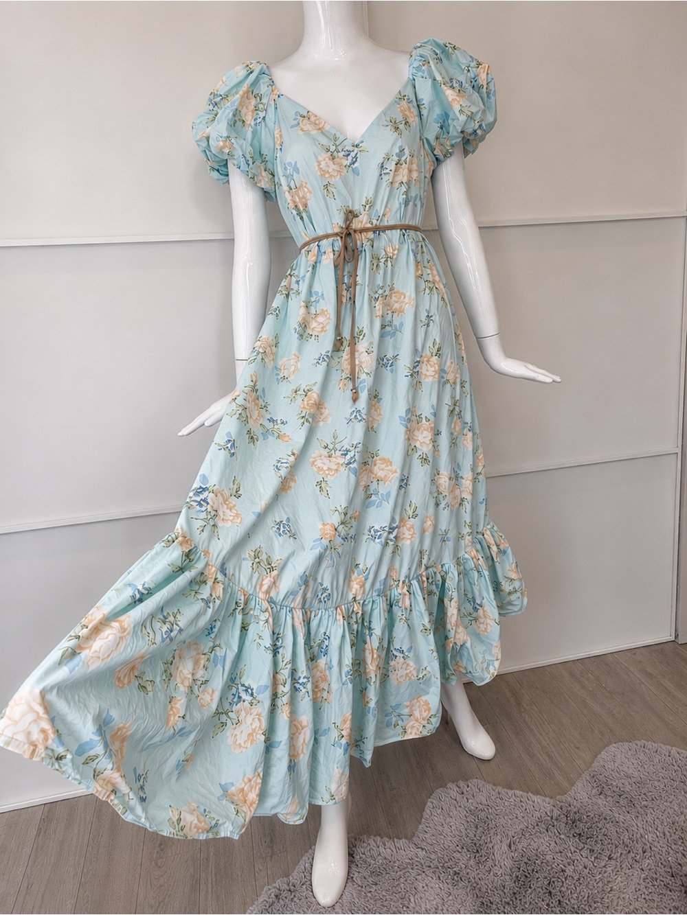 LOVE SHACK FANCY Blue Floral Cottagecore Puff Sleeve Tiered Midi Dress Size 8